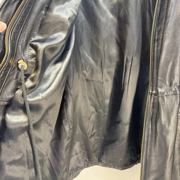 Worthington Leather Parka Women's L Black Lamb Skin Dyed Fox Fur Trim Hood EUC - Picture 5 of 14